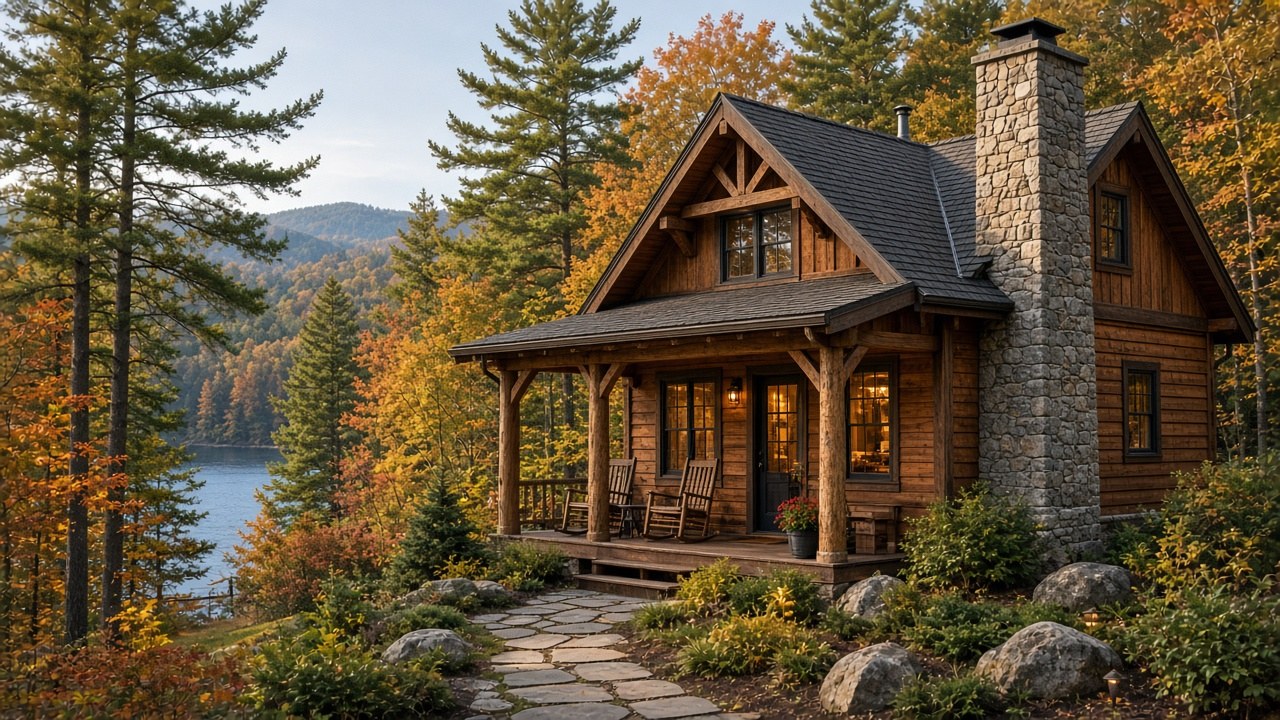 Illustrative image of a Poconos-style mountain cabin by a lake — not an actual Valor Cleaning project