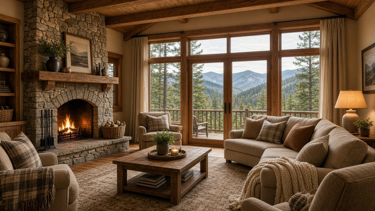 Illustrative image of a guest-ready mountain cabin interior — not an actual Valor Cleaning project